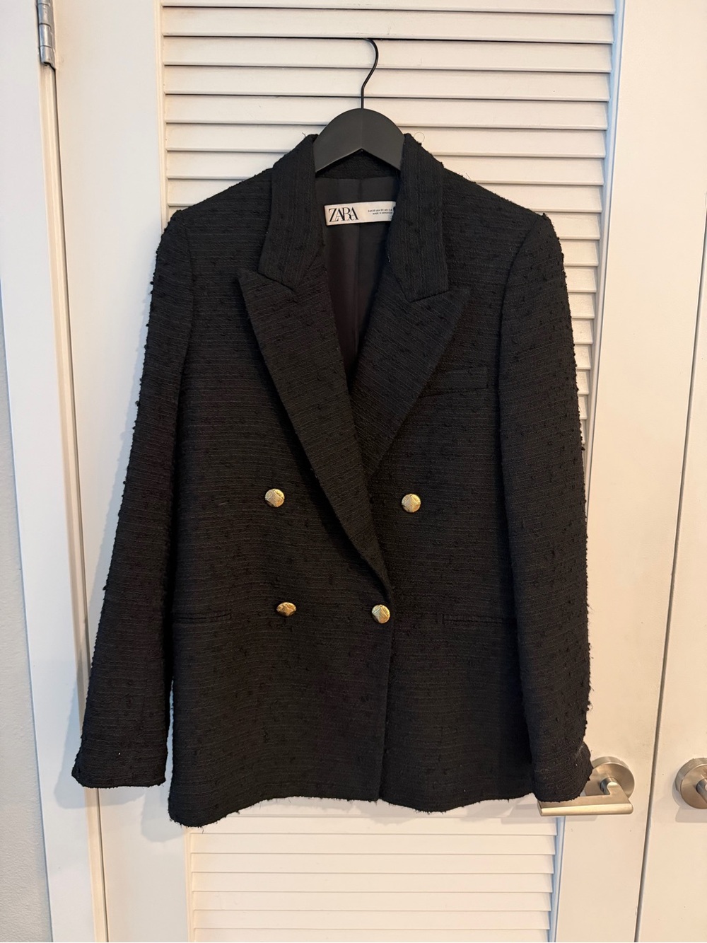 Zara Textured Weave Blazer with gold button details.